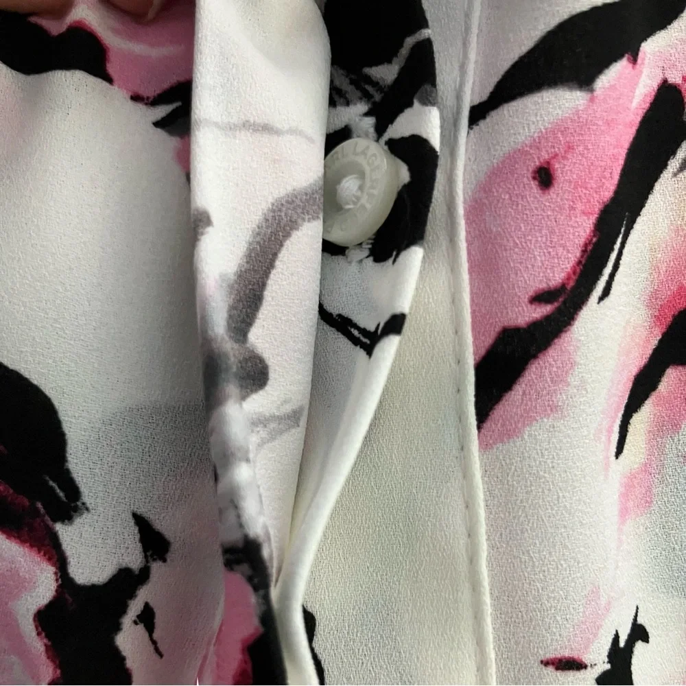 Karl Lagerfeld Pink and Black Floral Cold Shoulder Pearl Tie Accent Top